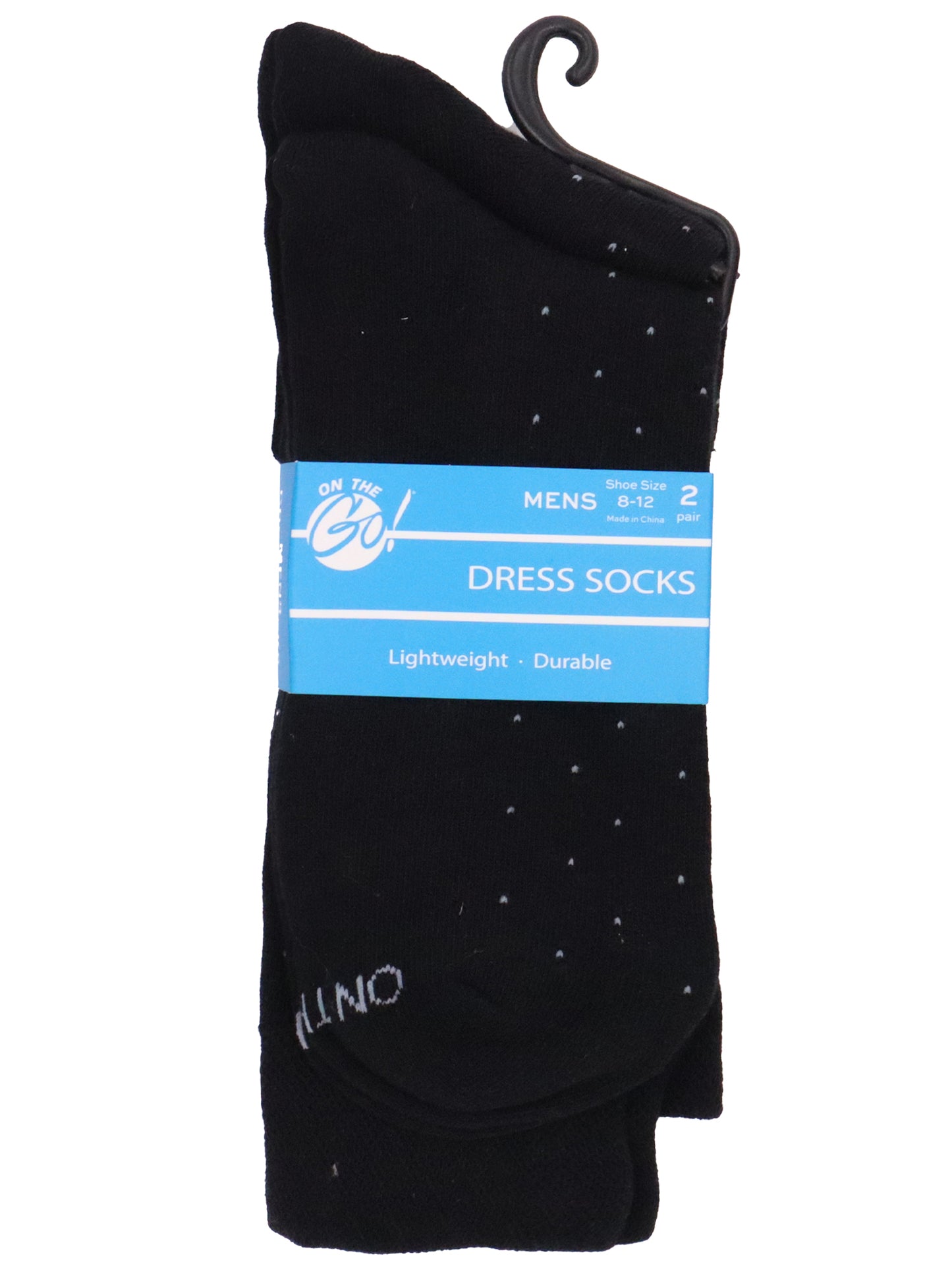 Men’s black dress socks with small white polka dot pattern 2-pair pack in retail hanger packaging, lightweight and durable cotton blend for business, formal, or daily wear