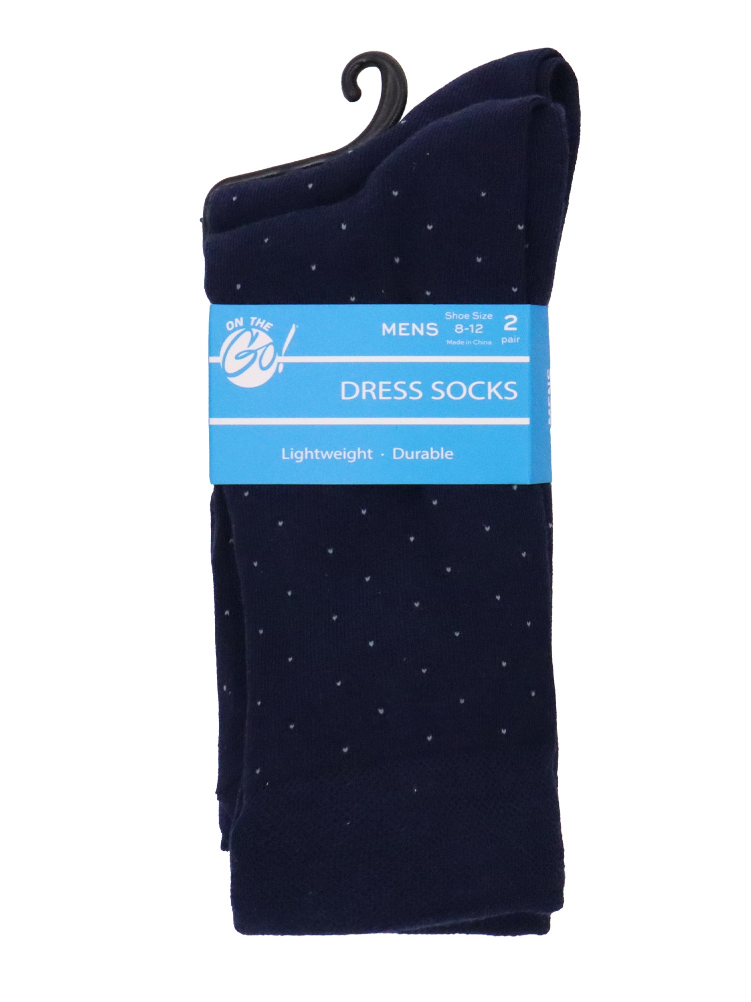 Men’s Navy dress socks with small white polka dot pattern 2-pair pack in retail hanger packaging, lightweight and durable cotton blend for business, formal, or daily wear