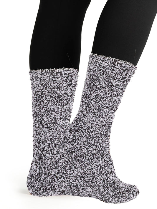 Women's black and white fuzzy crew socks, ultra-soft thermal lounge socks for winter warmth and comfort
