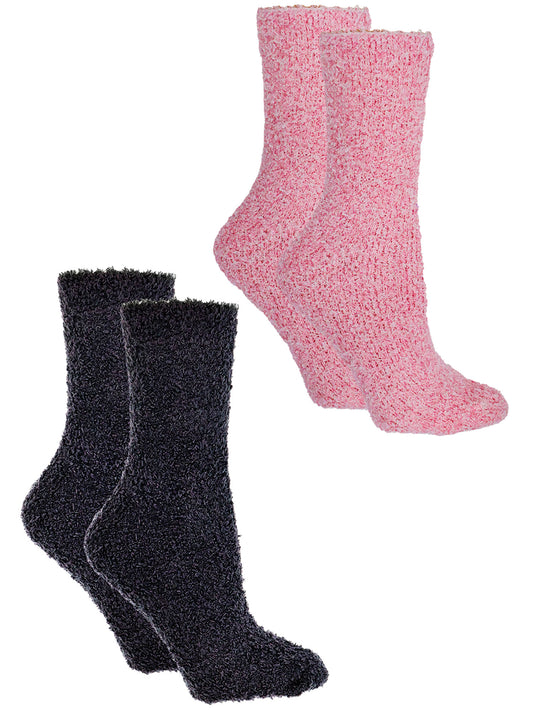 a pair of one pink and black fuzzy crew socks for woman, ultra-soft thermal lounge socks for winter warmth and comfort