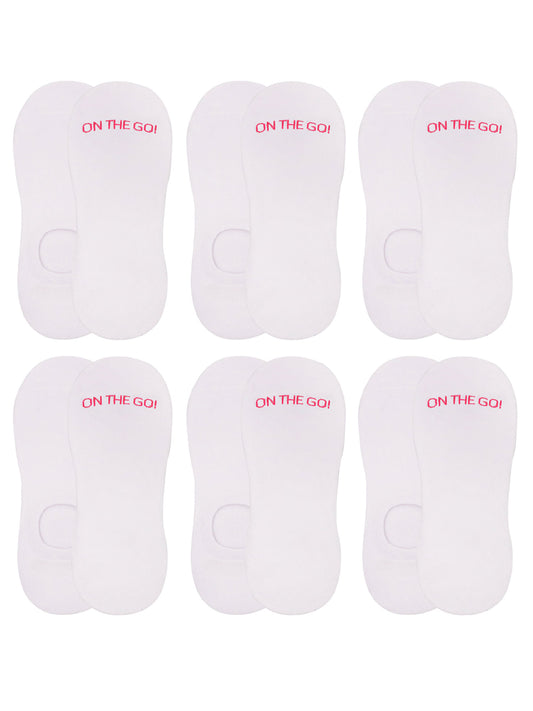 6-pack of white no-show liner socks with arch design and 'ON THE GO!' branding — ultra-low cut women's socks made with breathable cotton blend for all-day comfort, perfect for athletic shoes and casual wear, featuring a non-slip heel grip for invisible support