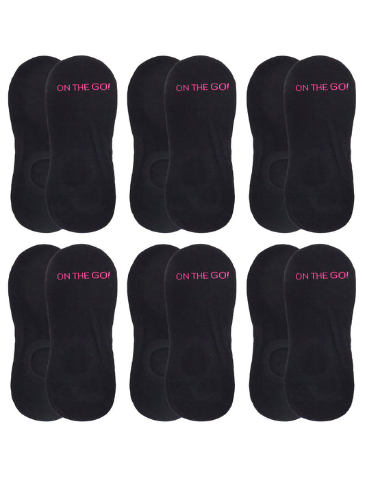 6-pack of black no-show liner socks with arch design and 'ON THE GO!' branding — ultra-low cut women's socks made with breathable cotton blend for all-day comfort, perfect for athletic shoes and casual wear, featuring a non-slip heel grip for invisible support