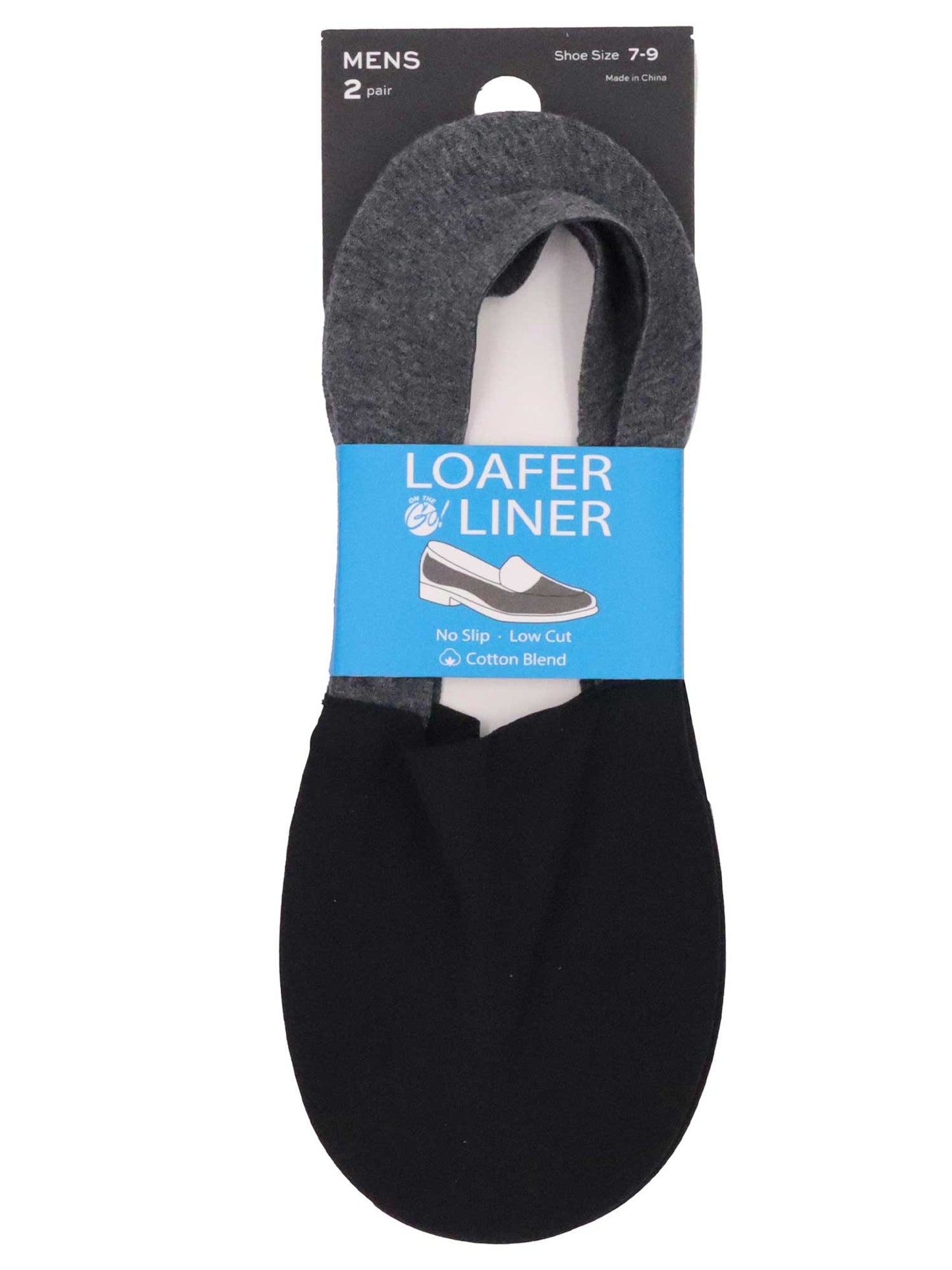 Men’s loafer liner socks 2-pair pack in black and heather grey, low-cut no-show cotton blend with no-slip grip, ideal for loafers and dress shoes