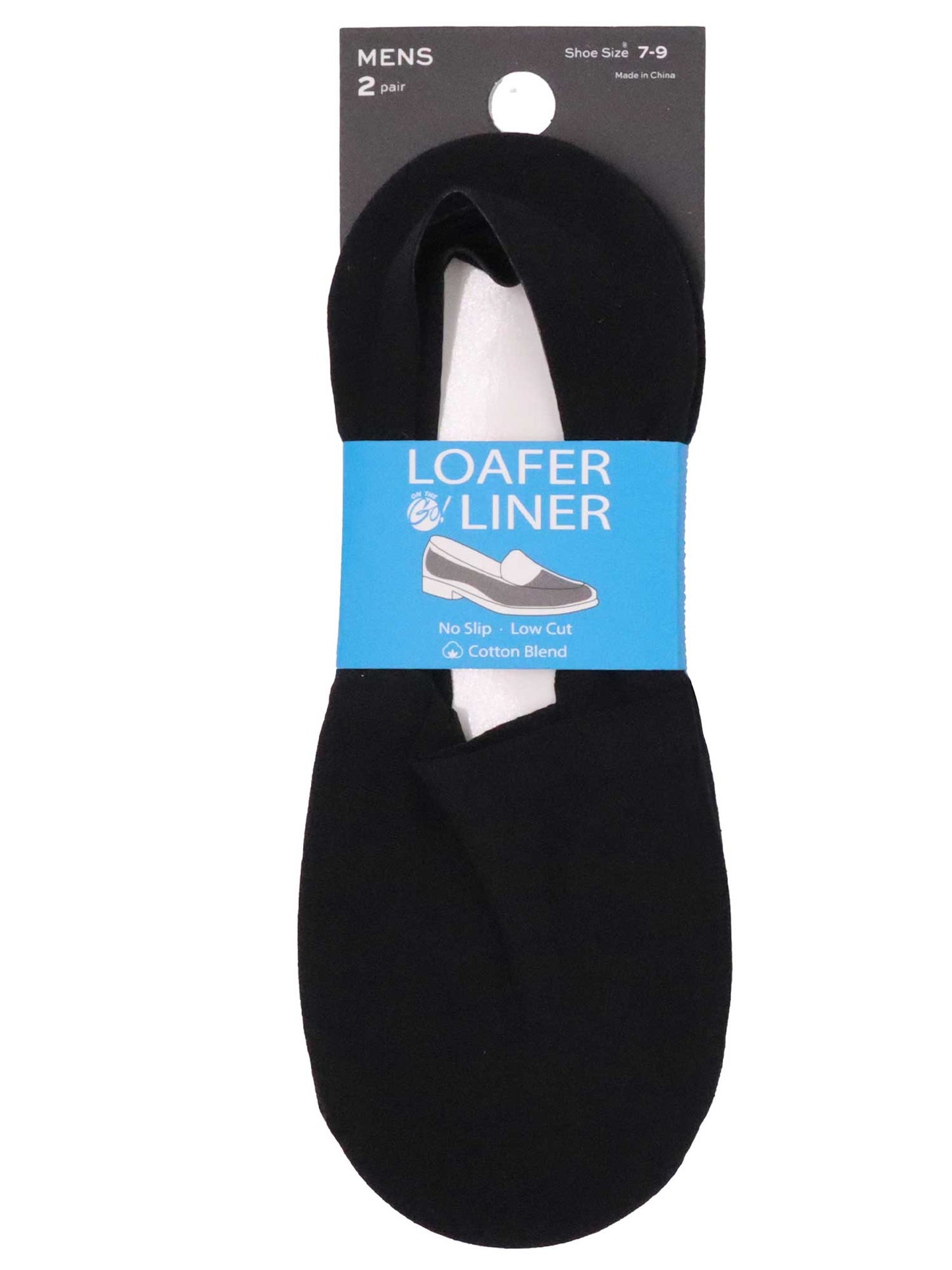 Men’s loafer liner socks 2-pair pack in black, low-cut no-show cotton blend with no-slip grip, ideal for loafers and dress shoes