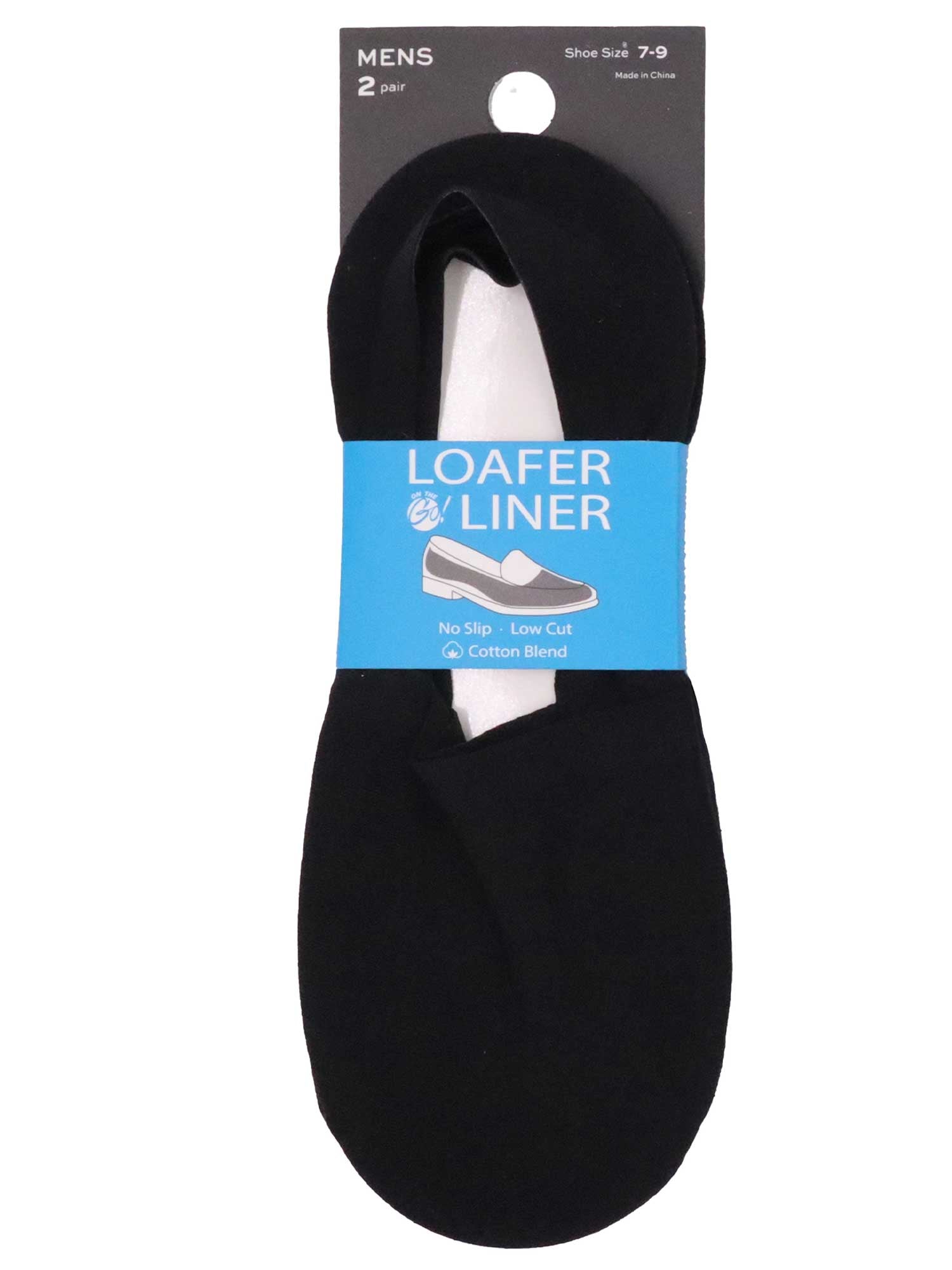 Men’s loafer liner socks 2-pair pack in black, low-cut no-show cotton blend with no-slip grip, ideal for loafers and dress shoes