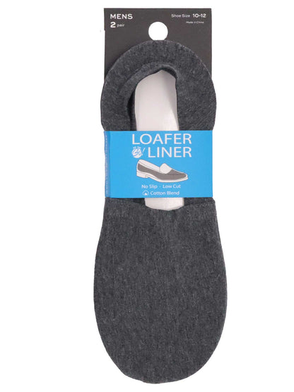 Men’s loafer liner socks 2-pair pack in heather grey, low-cut no-show cotton blend with no-slip grip, ideal for loafers and dress shoes