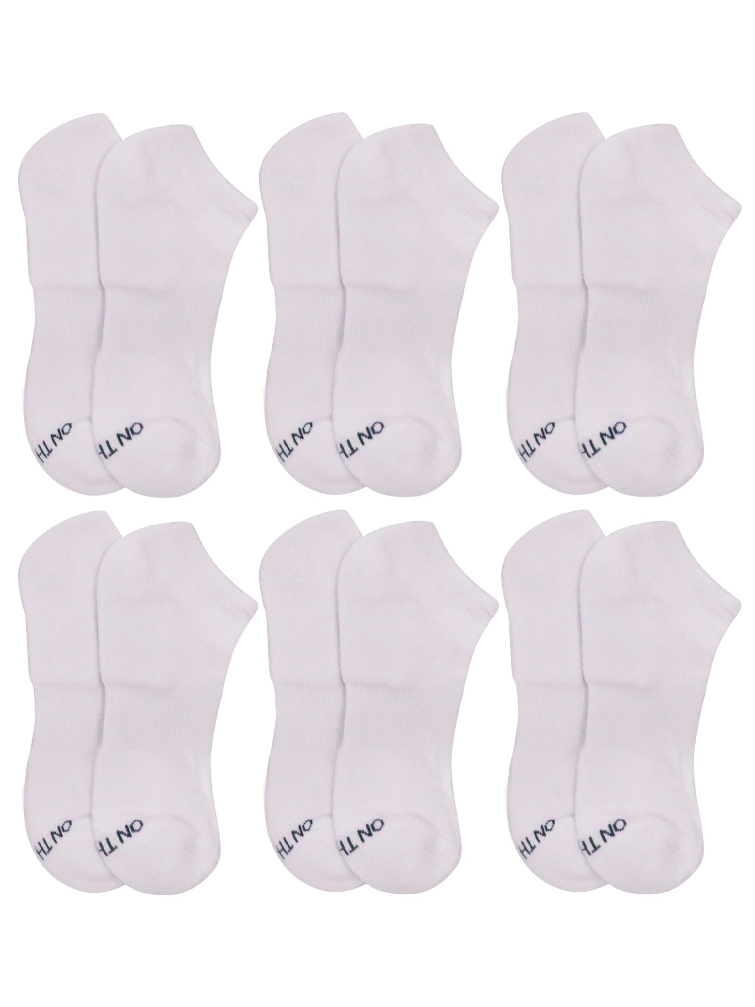 Six pairs of women's white low-cut ankle socks with 'ON THE GO!' branding on the toe in navy text, made from a soft cotton blend—ideal for sneakers, everyday wear, and athletic use
