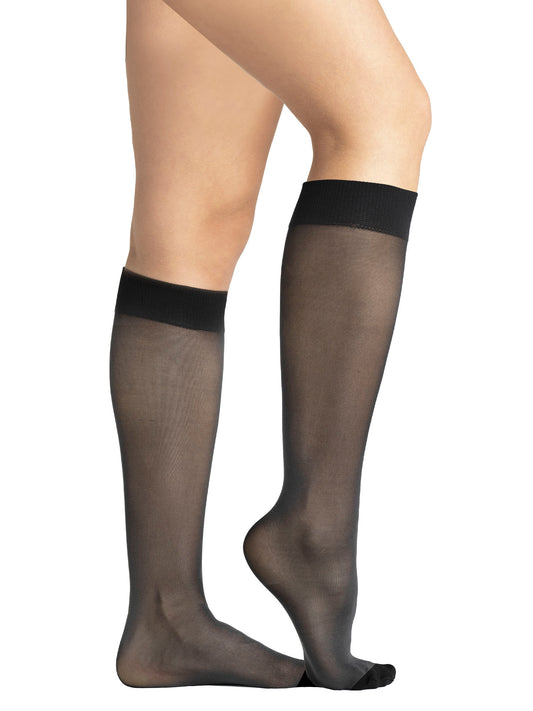 Women's sheer black knee-high stockings with reinforced toe and wide comfort band, ideal for office or formal wear on a white background