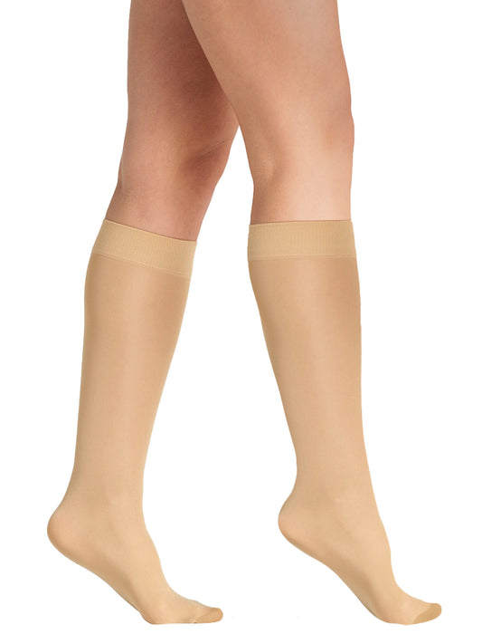 Women's sheer nude knee-high stockings with reinforced toe and wide comfort band, ideal for office or formal wear on a white background