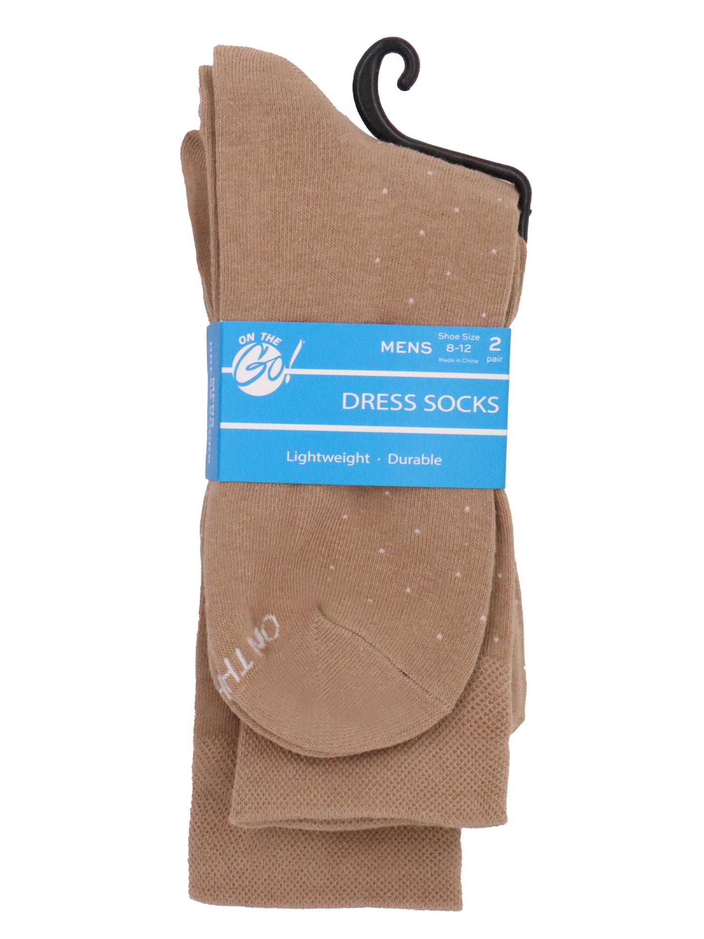 Men’s tan dress socks with white polka dots in 2-pair retail pack, lightweight and durable cotton blend for business, formal, or everyday wear