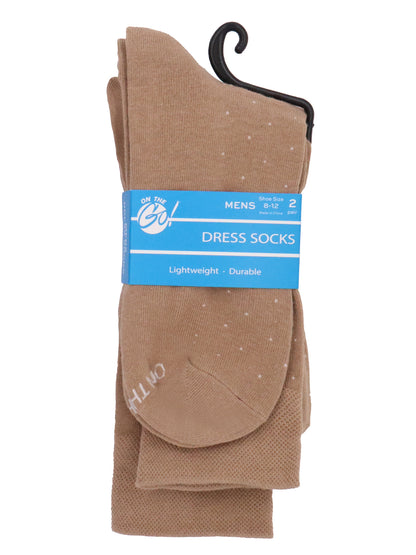 Men’s tan dress socks with white polka dots in 2-pair retail pack, lightweight and durable cotton blend for business, formal, or everyday wear