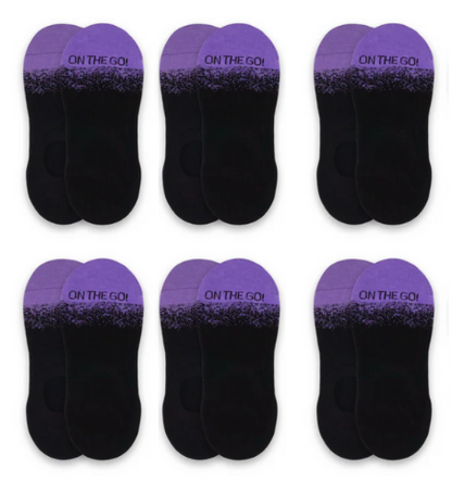 Set of six black socks with purple gradient and 'On The Go!' text on a white background